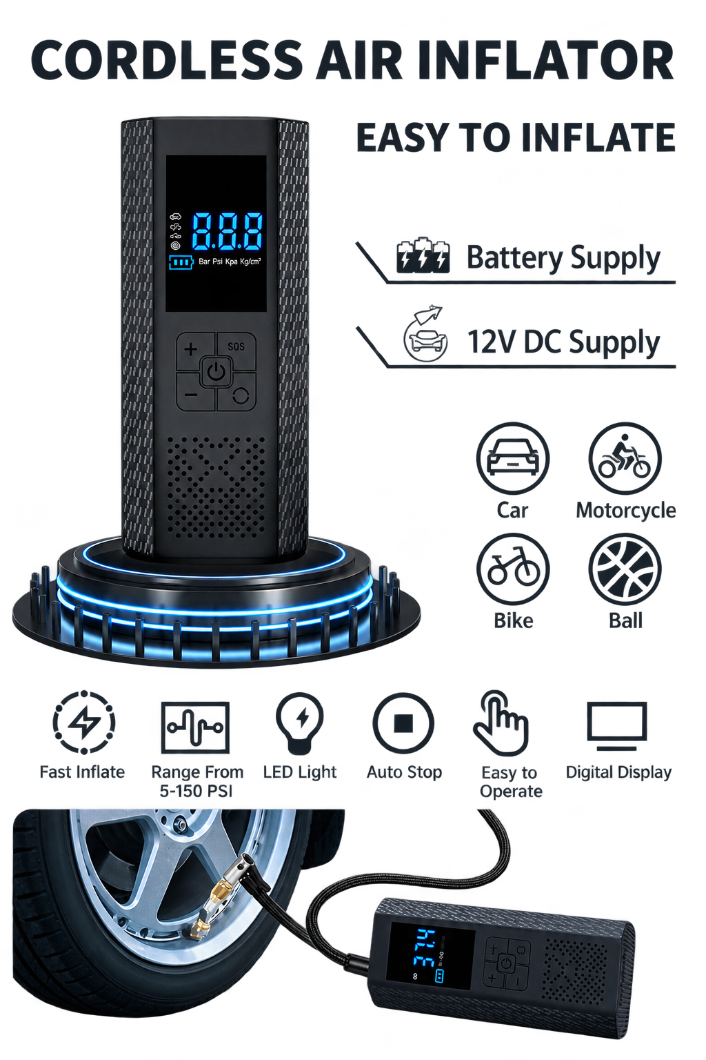 Zelco™ Portable Cordless Tyre Inflator